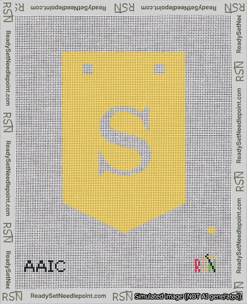 A taped needlepoint canvas with the design: Banner 18 mesh count Pointed S White on Yellow.