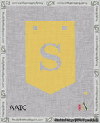 A taped needlepoint canvas with the design: Banner 18 mesh count Pointed S White on Yellow.