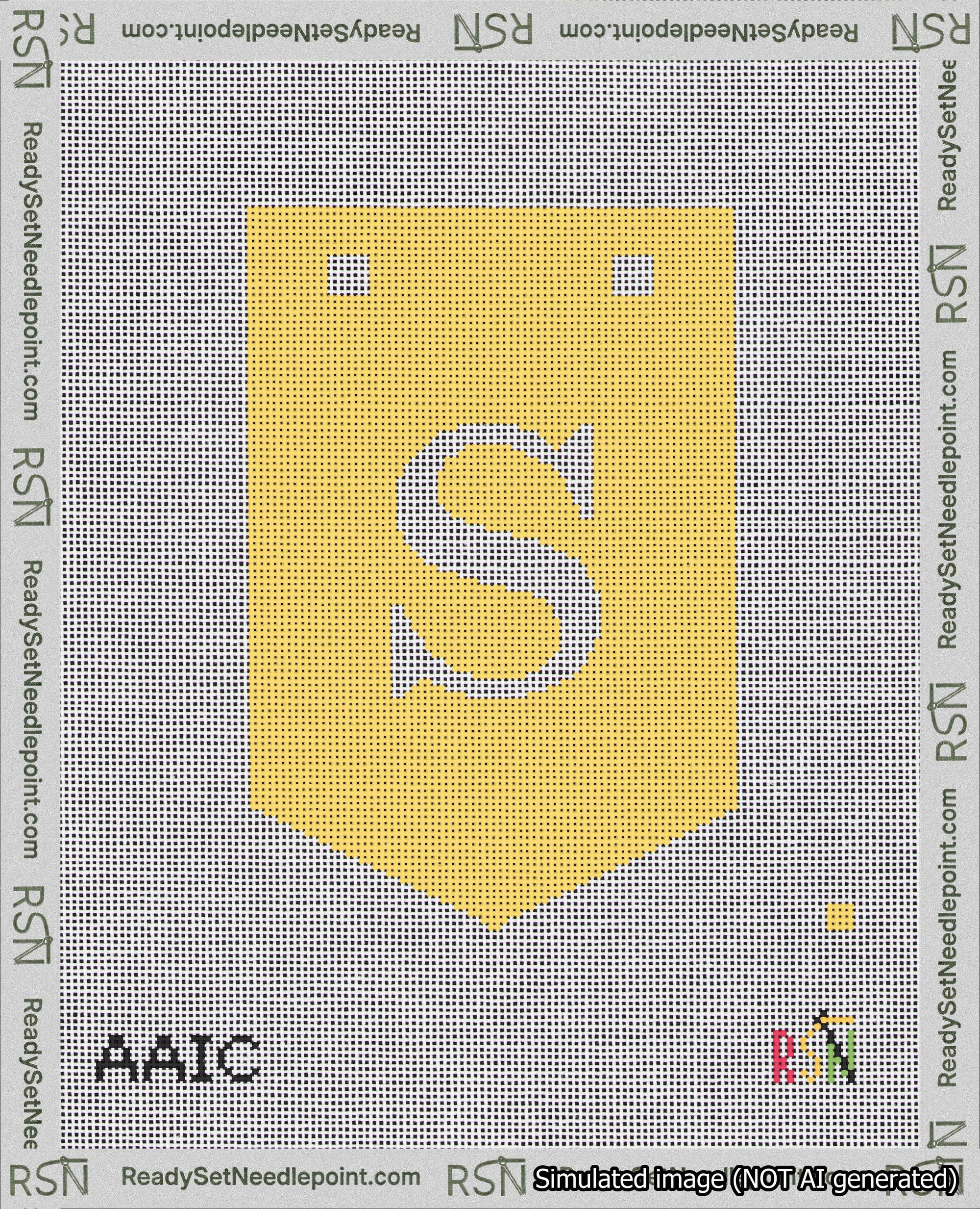A taped needlepoint canvas with the design: Banner 18 mesh count Pointed S White on Yellow.