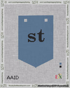 A taped needlepoint canvas with the design: Banner 18 mesh count Pointed st Black on Blue.