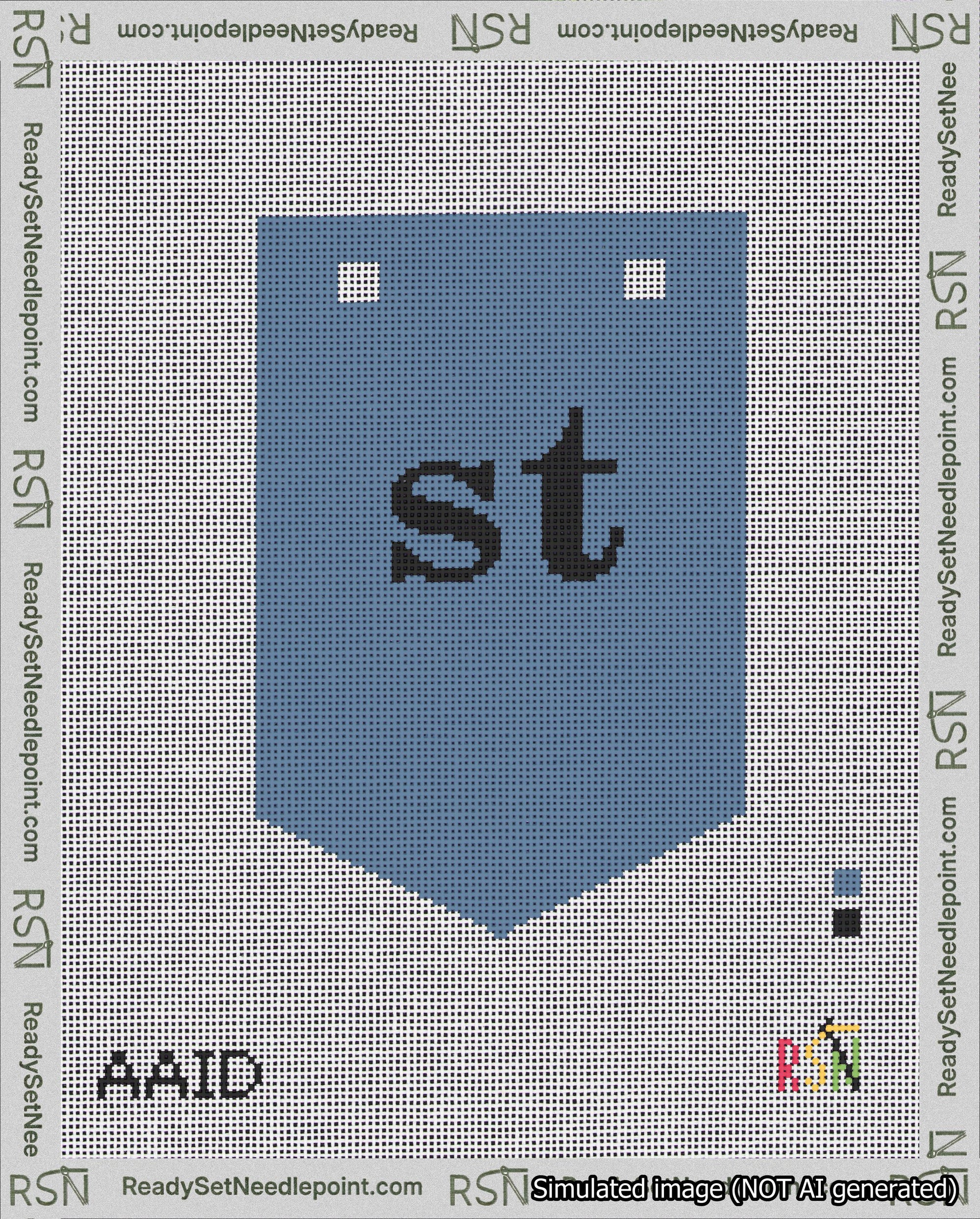 A taped needlepoint canvas with the design: Banner 18 mesh count Pointed st Black on Blue.