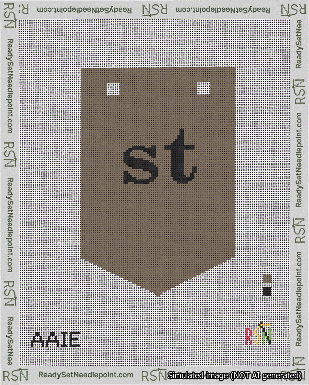 A taped needlepoint canvas with the design: Banner 18 mesh count Pointed st Black on Brown.