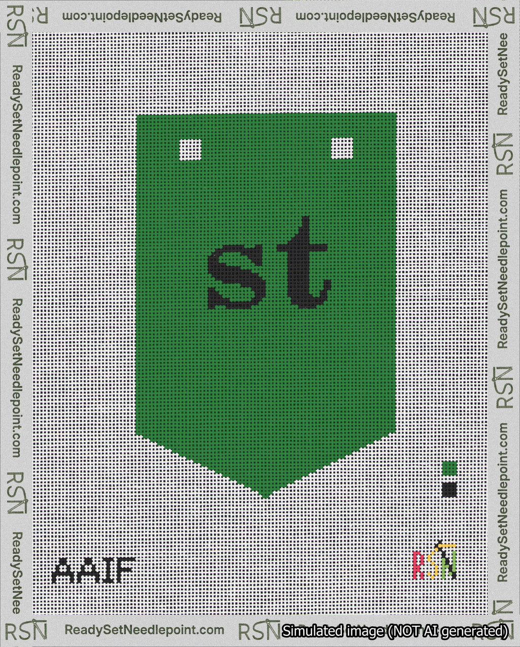 A taped needlepoint canvas with the design: Banner 18 mesh count Pointed st Black on Green.