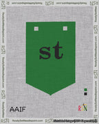 A taped needlepoint canvas with the design: Banner 18 mesh count Pointed st Black on Green.