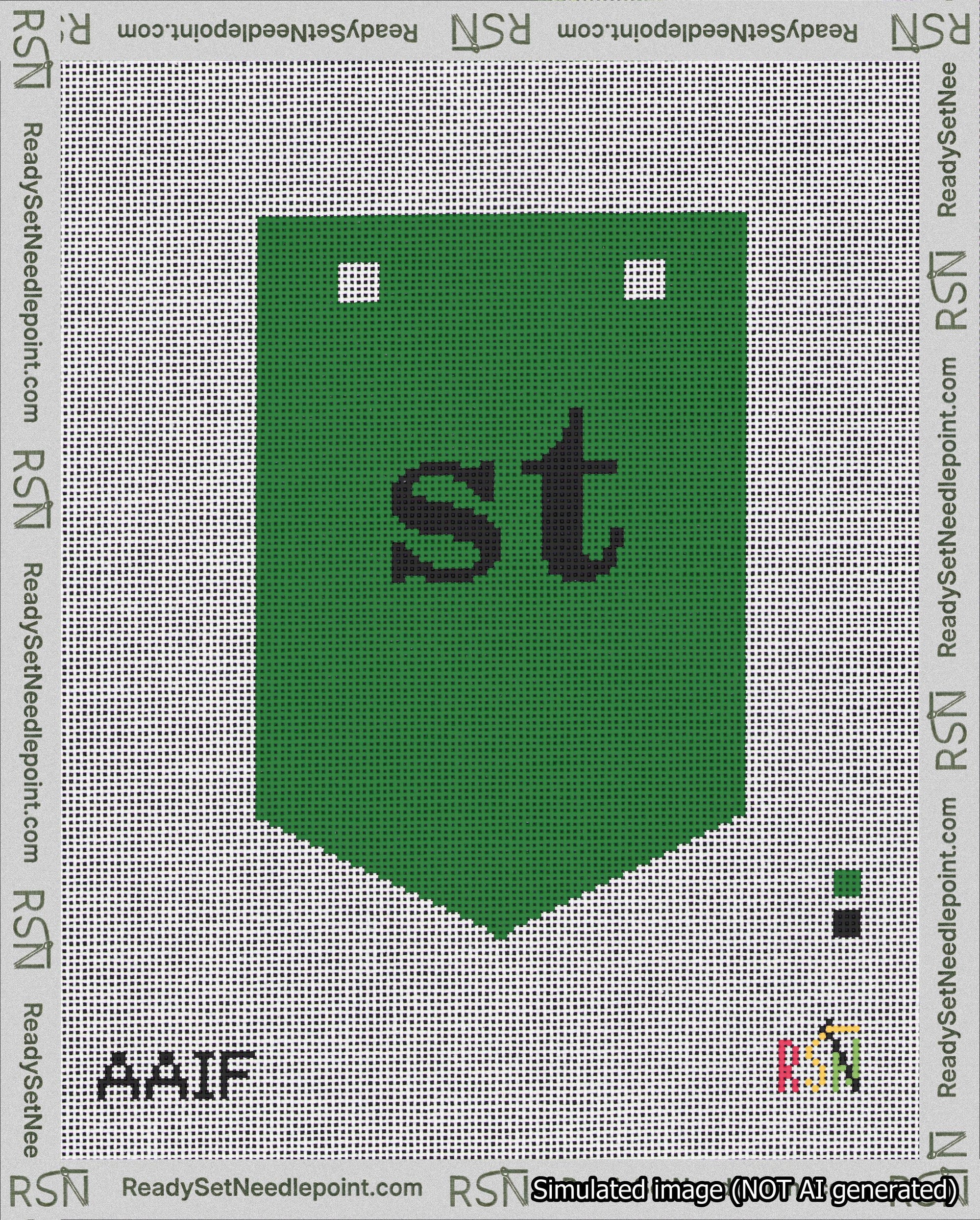 A taped needlepoint canvas with the design: Banner 18 mesh count Pointed st Black on Green.