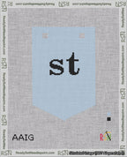 A taped needlepoint canvas with the design: Banner 18 mesh count Pointed st Black on Light Blue.