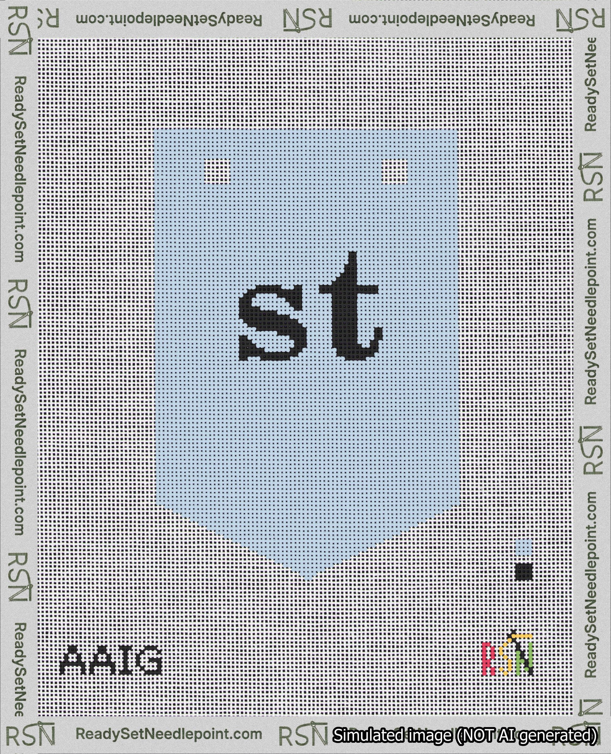 A taped needlepoint canvas with the design: Banner 18 mesh count Pointed st Black on Light Blue.