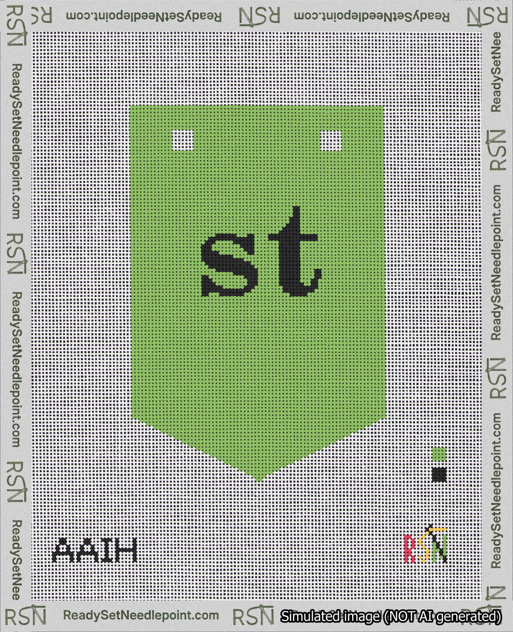 A taped needlepoint canvas with the design: Banner 18 mesh count Pointed st Black on Light Green.