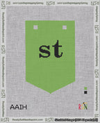 A taped needlepoint canvas with the design: Banner 18 mesh count Pointed st Black on Light Green.
