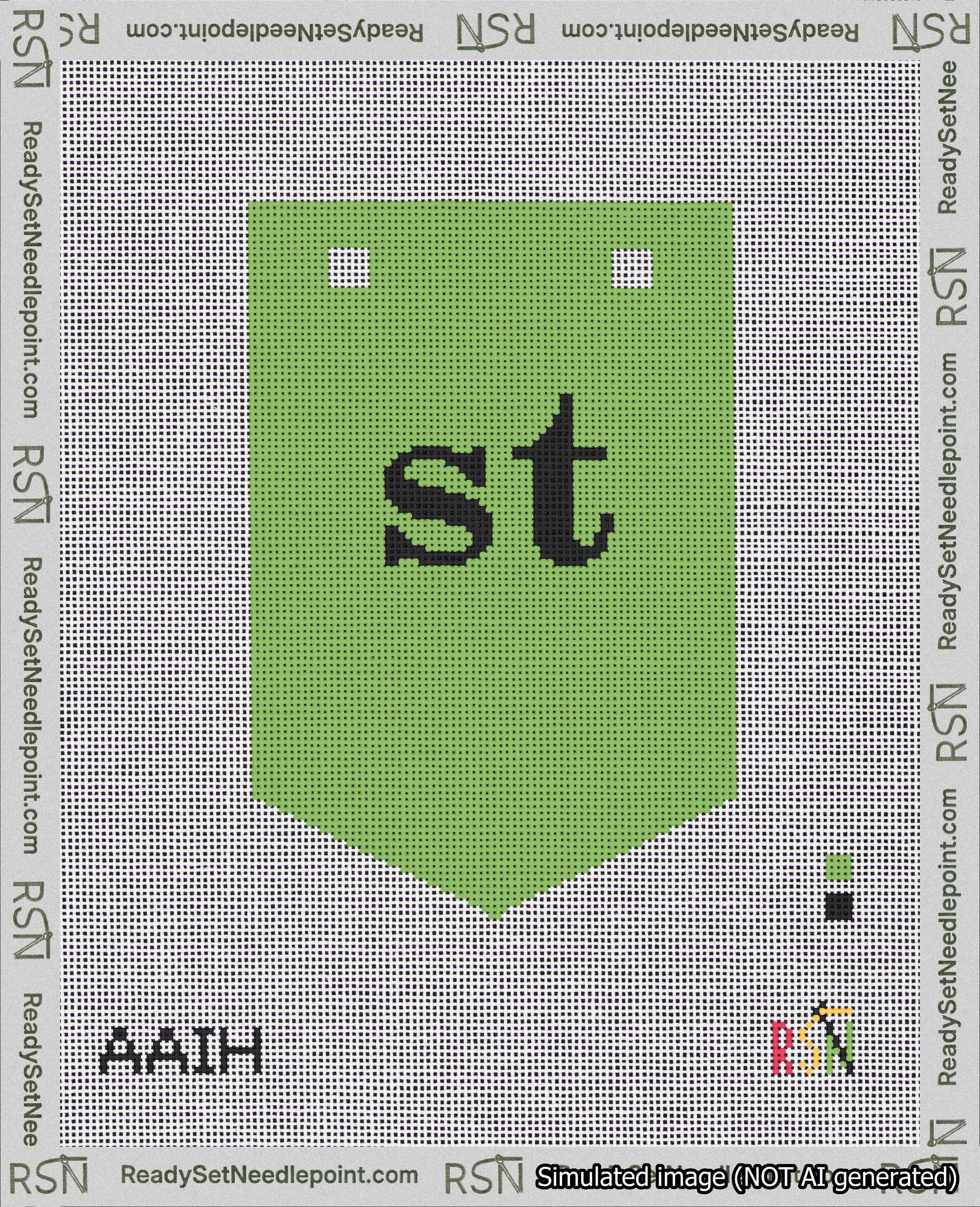 A taped needlepoint canvas with the design: Banner 18 mesh count Pointed st Black on Light Green.