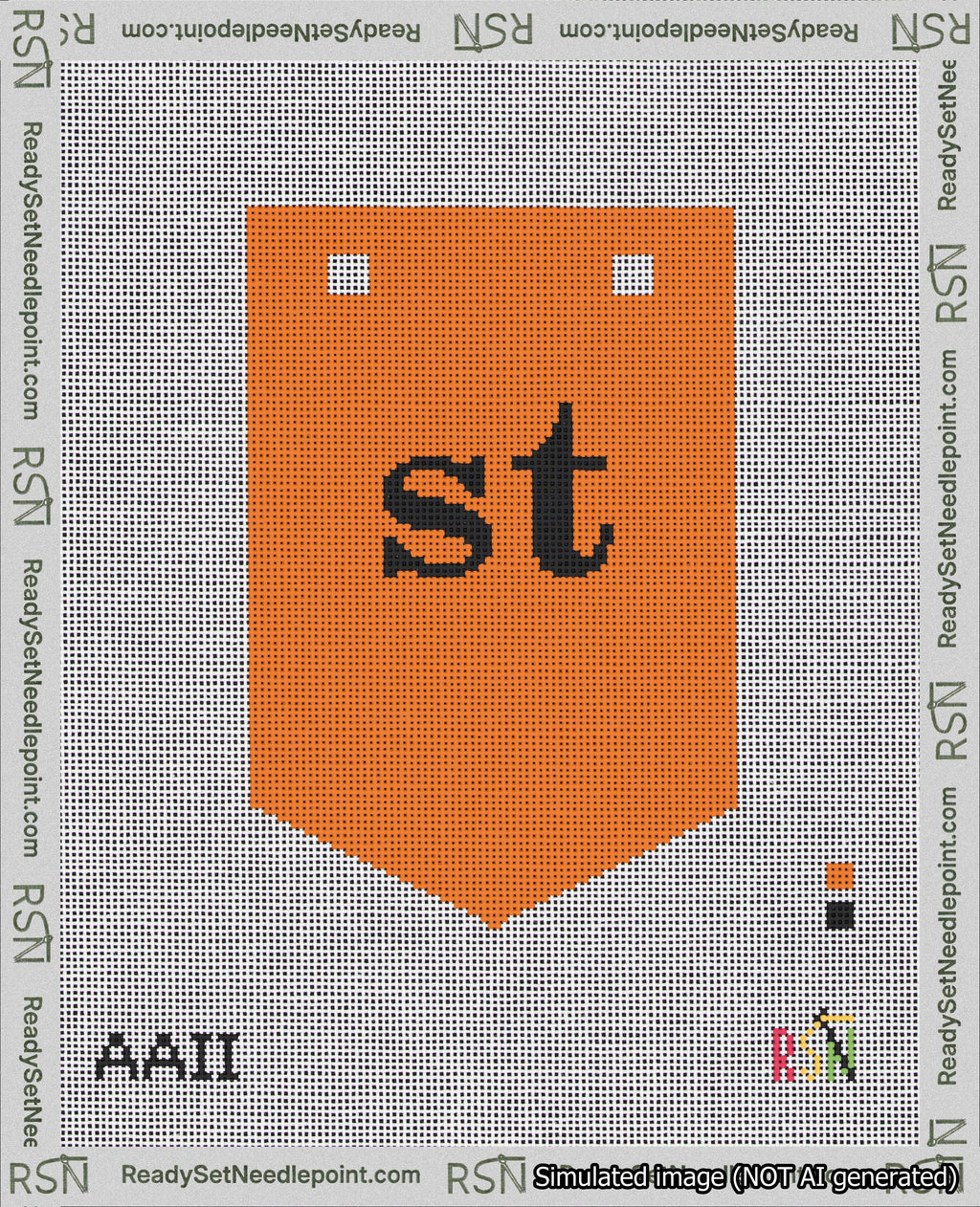 A taped needlepoint canvas with the design: Banner 18 mesh count Pointed st Black on Orange.