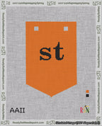 A taped needlepoint canvas with the design: Banner 18 mesh count Pointed st Black on Orange.