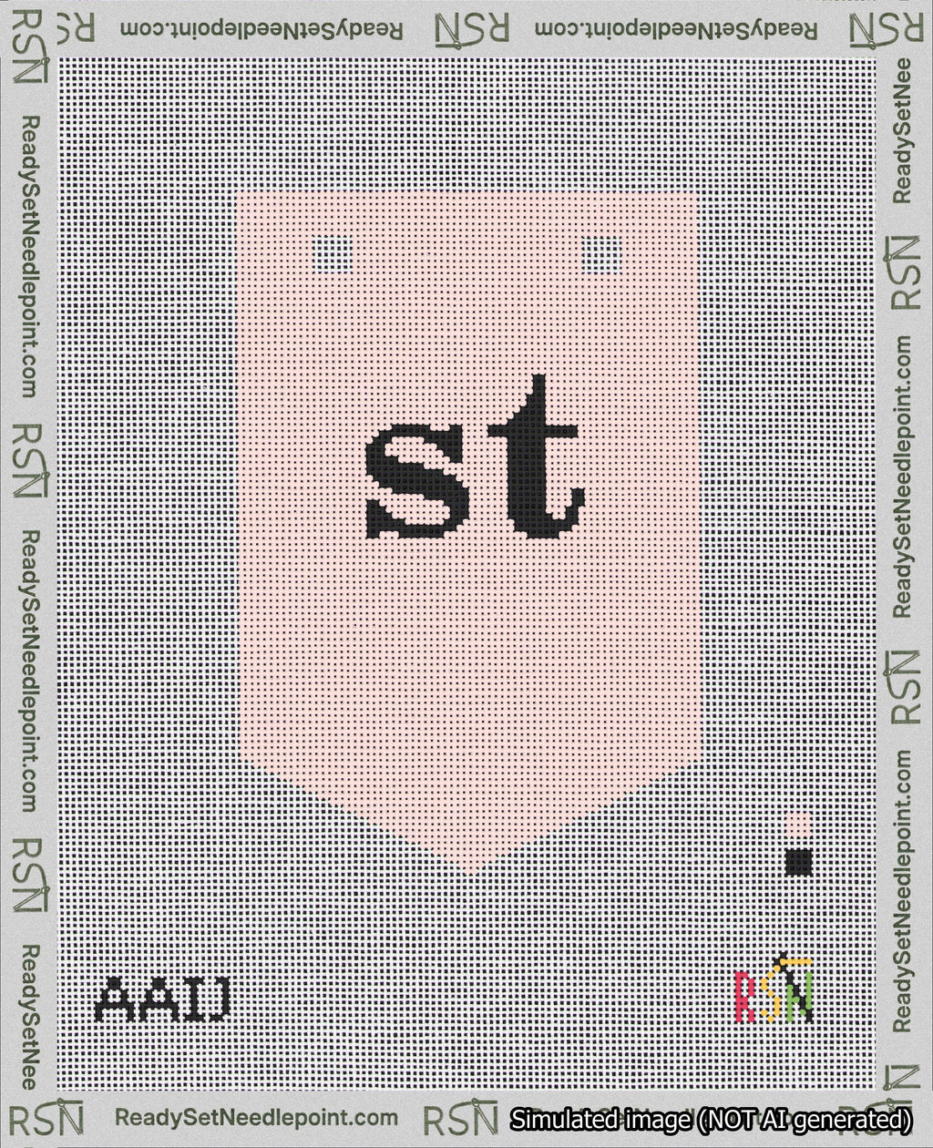 A taped needlepoint canvas with the design: Banner 18 mesh count Pointed st Black on Pink.