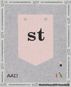 A taped needlepoint canvas with the design: Banner 18 mesh count Pointed st Black on Pink.