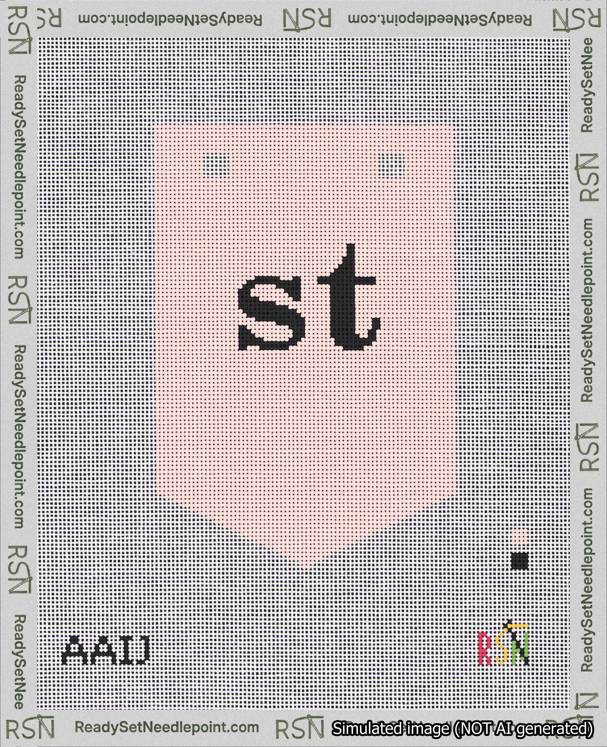 A taped needlepoint canvas with the design: Banner 18 mesh count Pointed st Black on Pink.