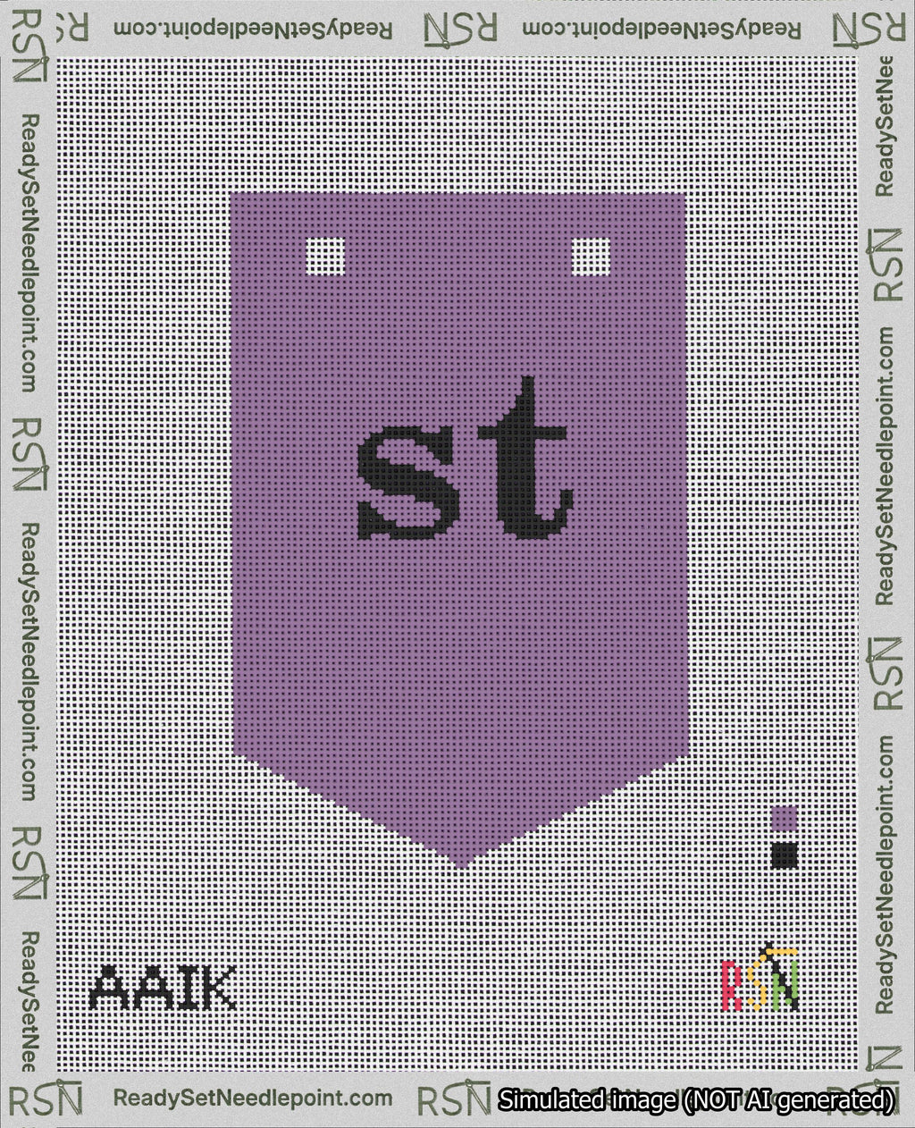 A taped needlepoint canvas with the design: Banner 18 mesh count Pointed st Black on Purple.
