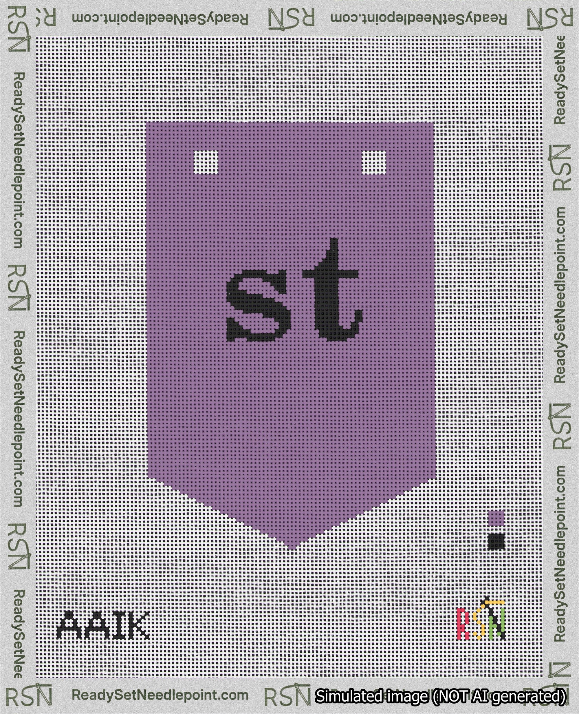 A taped needlepoint canvas with the design: Banner 18 mesh count Pointed st Black on Purple.