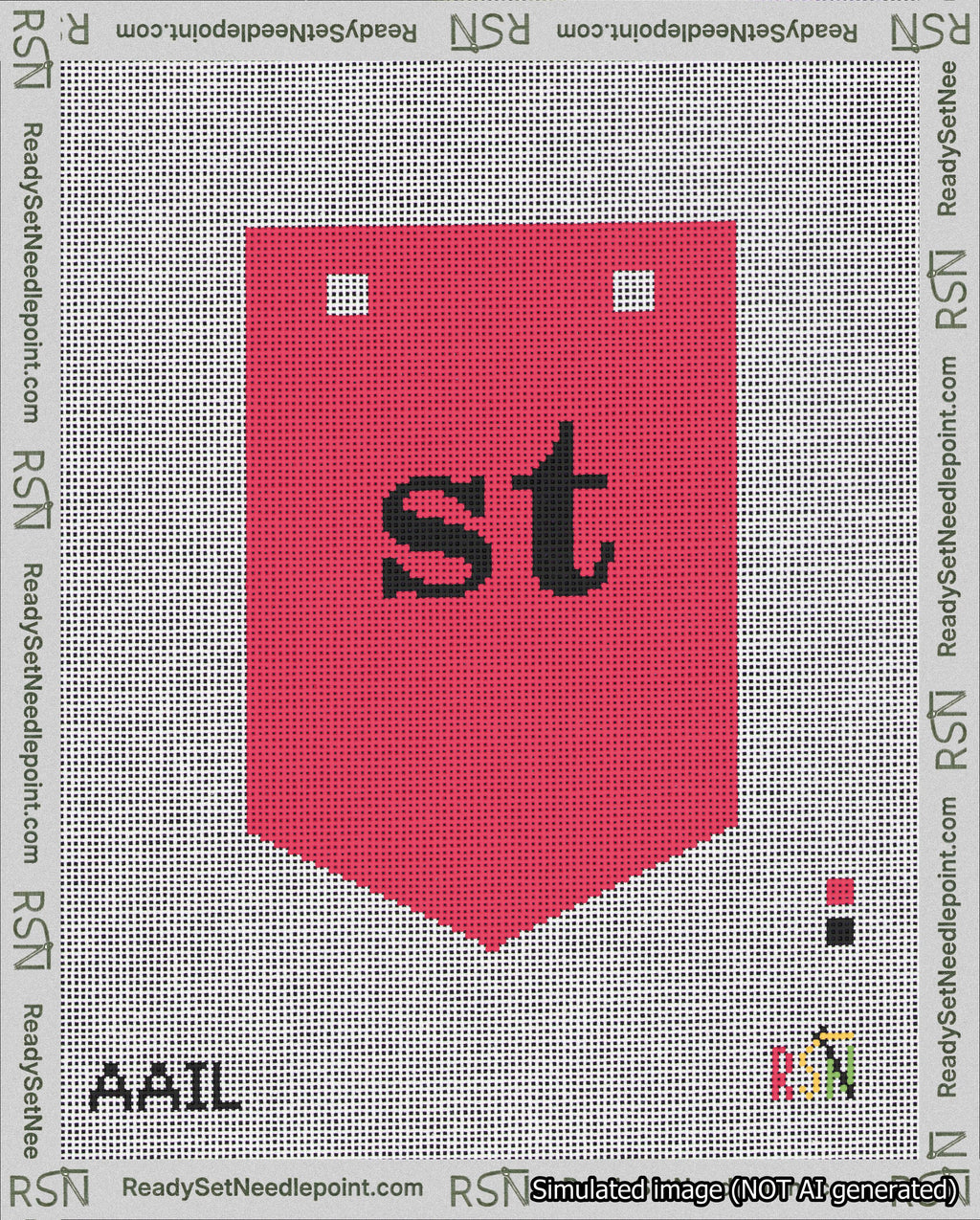 A taped needlepoint canvas with the design: Banner 18 mesh count Pointed st Black on Red.