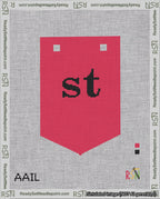 A taped needlepoint canvas with the design: Banner 18 mesh count Pointed st Black on Red.