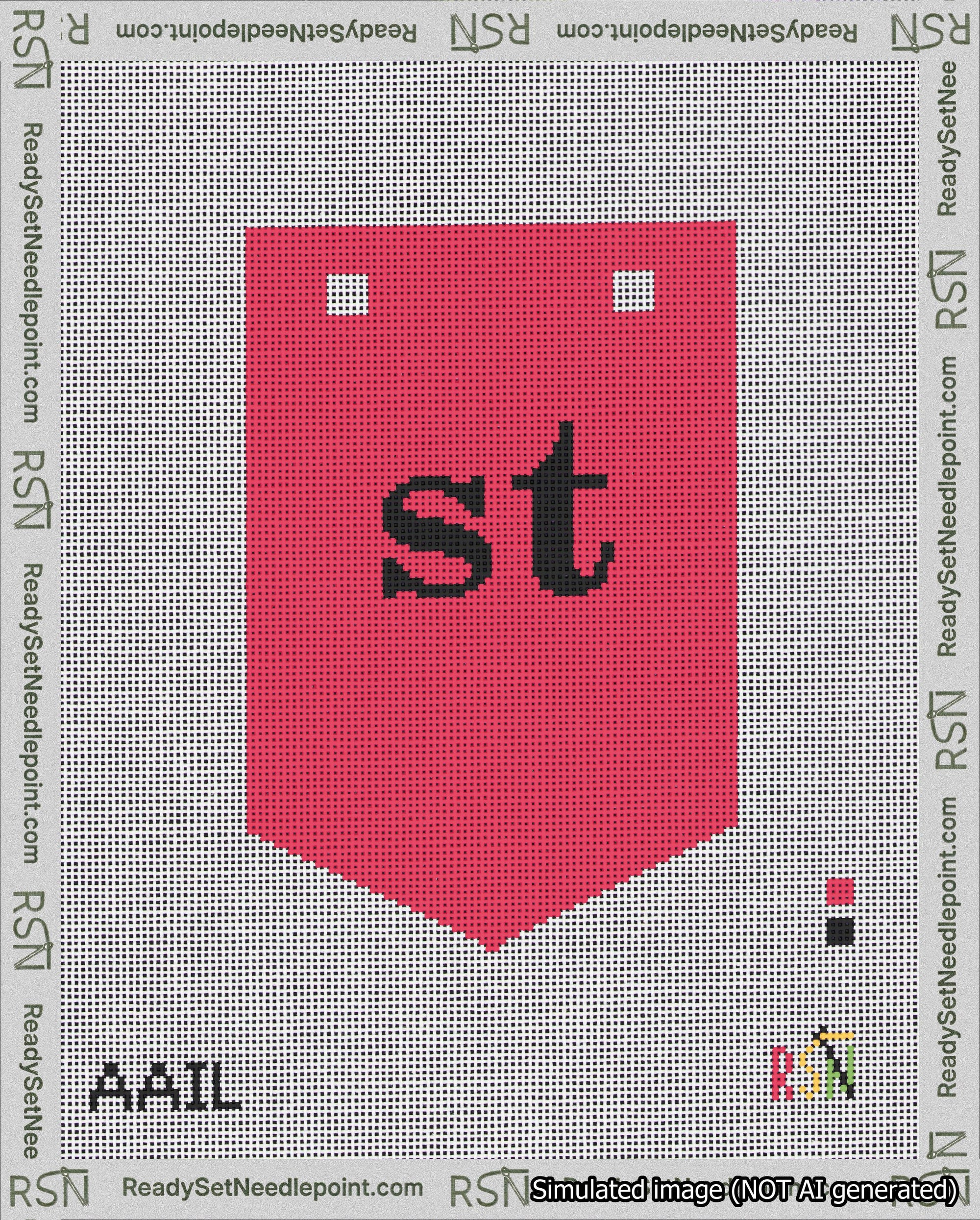 A taped needlepoint canvas with the design: Banner 18 mesh count Pointed st Black on Red.