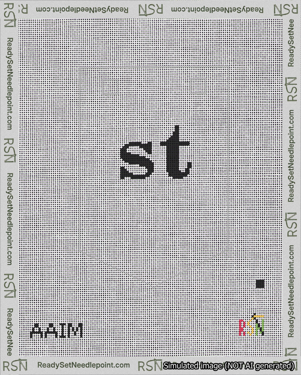 A taped needlepoint canvas with the design: Banner 18 mesh count Pointed st Black on White.