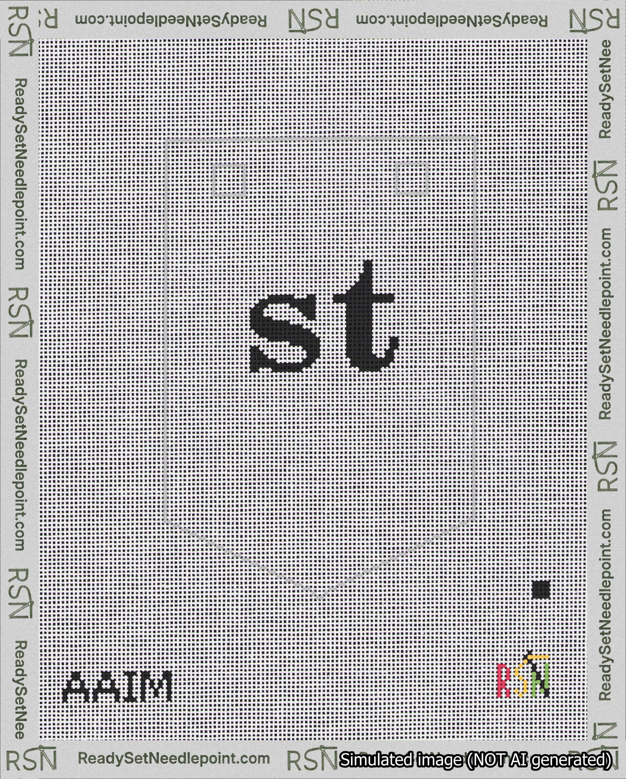 A taped needlepoint canvas with the design: Banner 18 mesh count Pointed st Black on White.