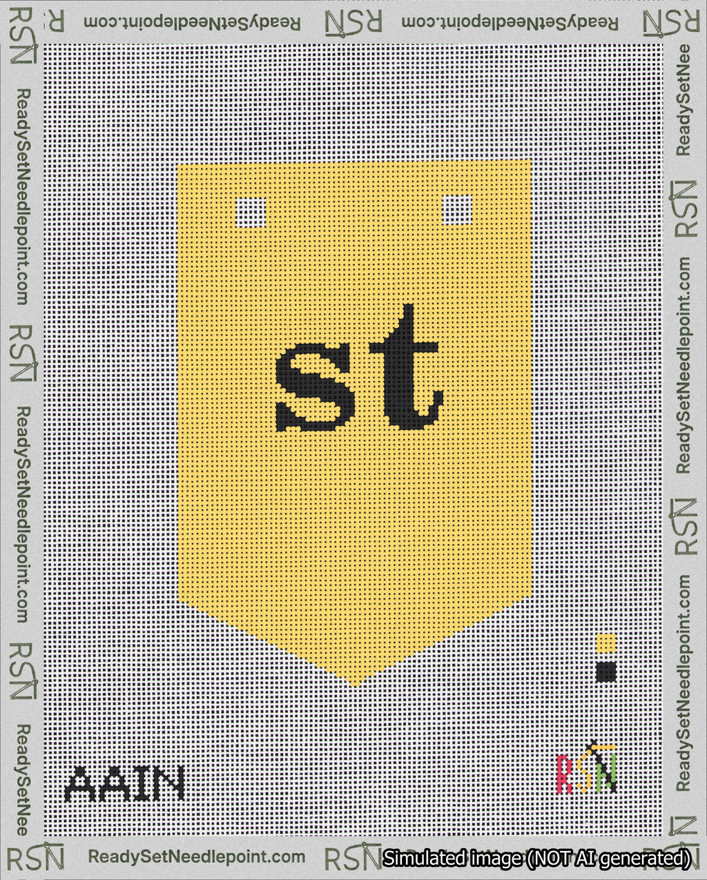A taped needlepoint canvas with the design: Banner 18 mesh count Pointed st Black on Yellow.