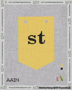 A taped needlepoint canvas with the design: Banner 18 mesh count Pointed st Black on Yellow.