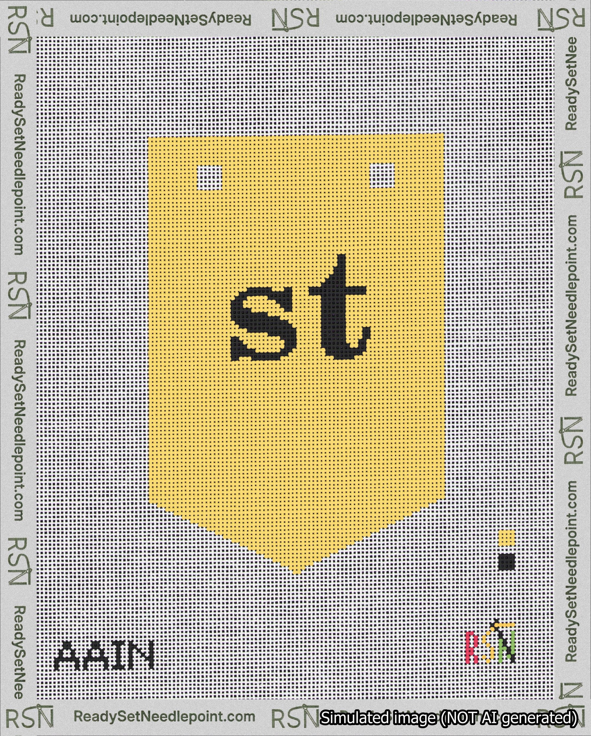 A taped needlepoint canvas with the design: Banner 18 mesh count Pointed st Black on Yellow.