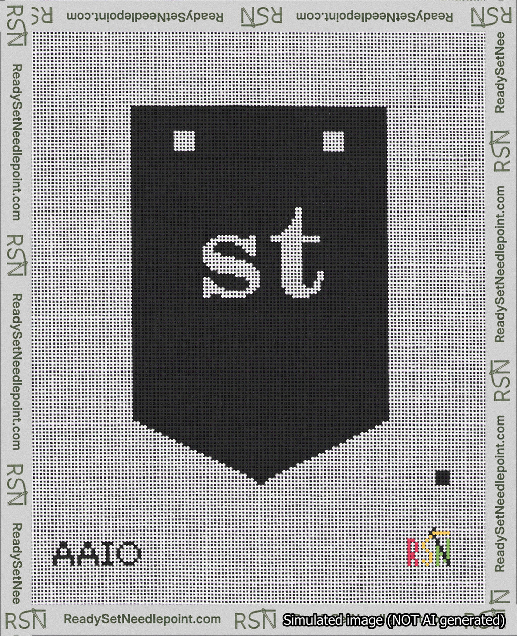 A taped needlepoint canvas with the design: Banner 18 mesh count Pointed st White on Black.