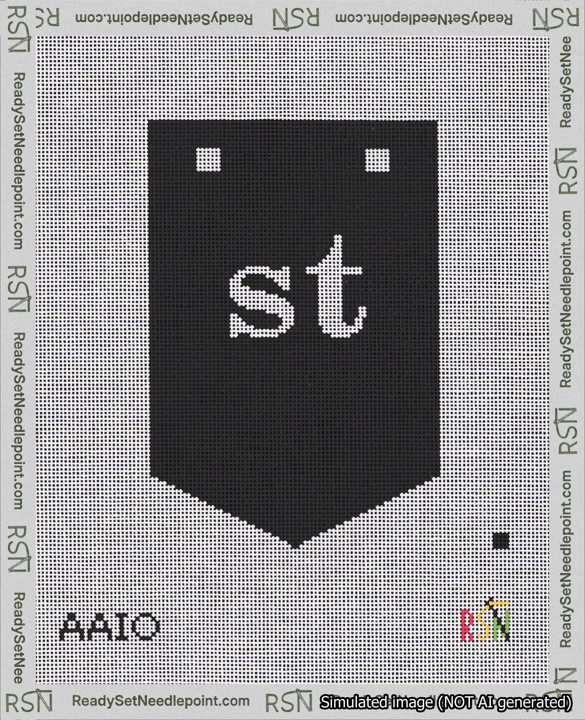 A taped needlepoint canvas with the design: Banner 18 mesh count Pointed st White on Black.
