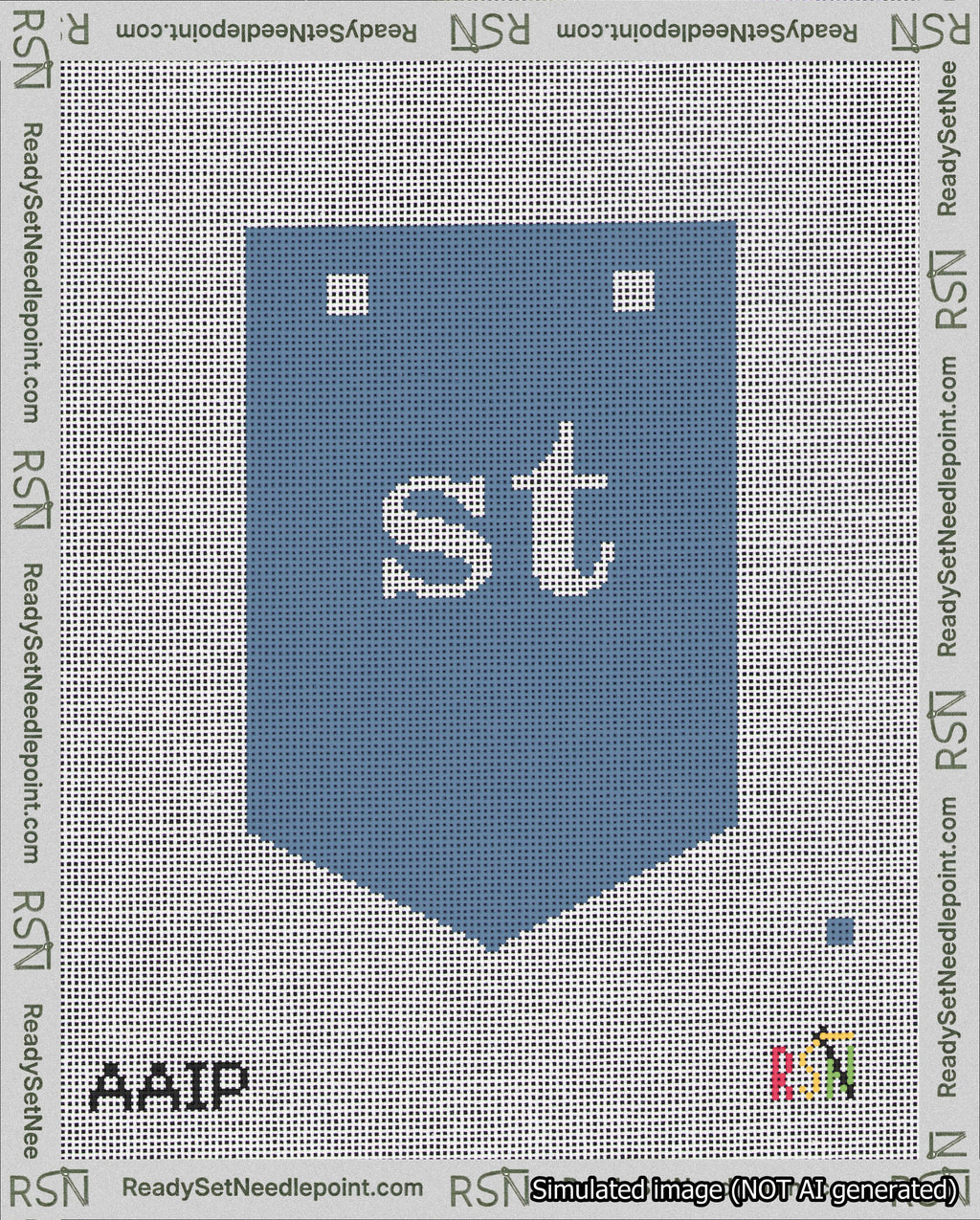 A taped needlepoint canvas with the design: Banner 18 mesh count Pointed st White on Blue.