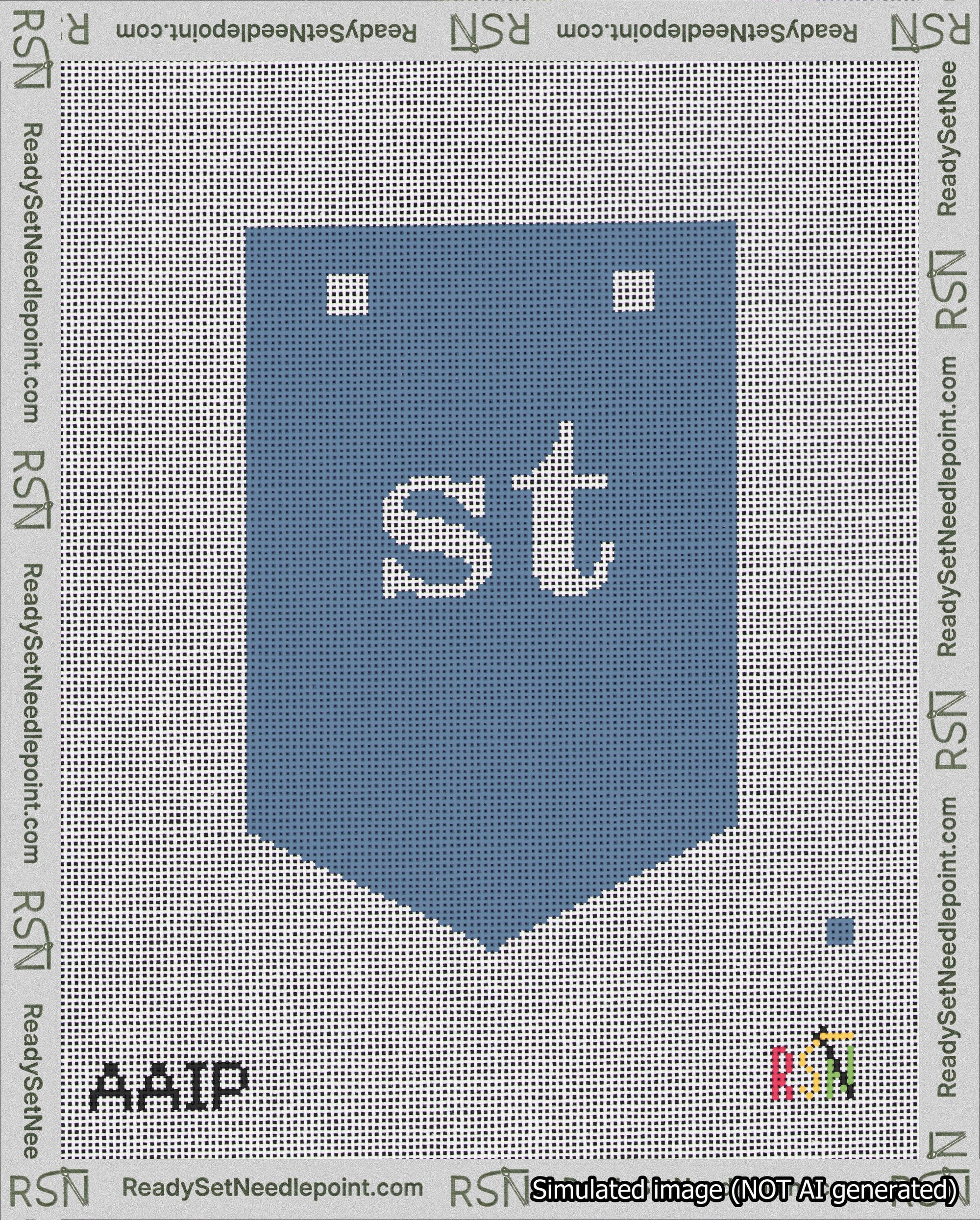 A taped needlepoint canvas with the design: Banner 18 mesh count Pointed st White on Blue.