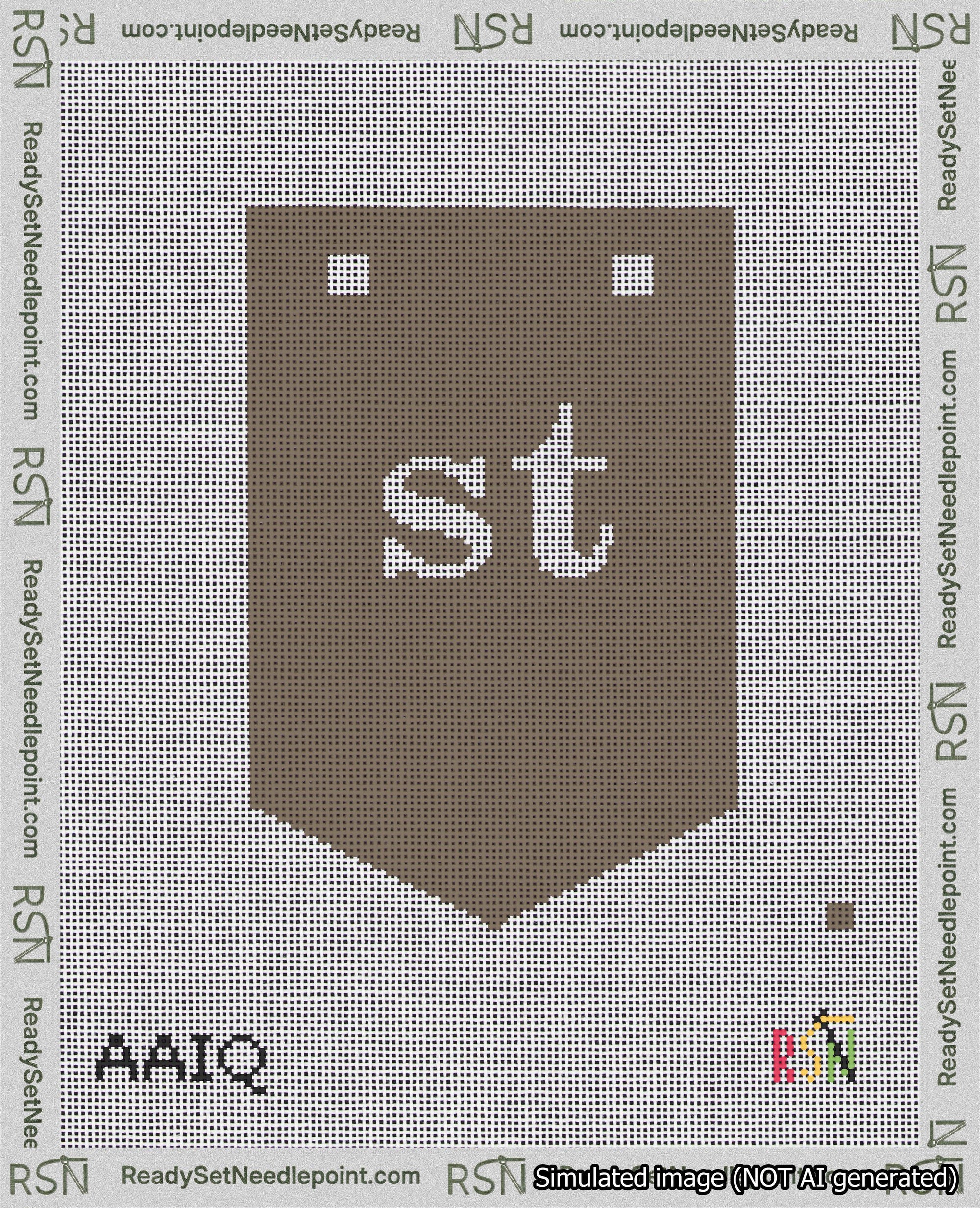 A taped needlepoint canvas with the design: Banner 18 mesh count Pointed st White on Brown.