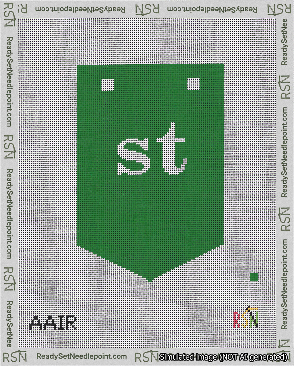 A taped needlepoint canvas with the design: Banner 18 mesh count Pointed st White on Green.
