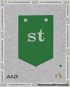 A taped needlepoint canvas with the design: Banner 18 mesh count Pointed st White on Green.