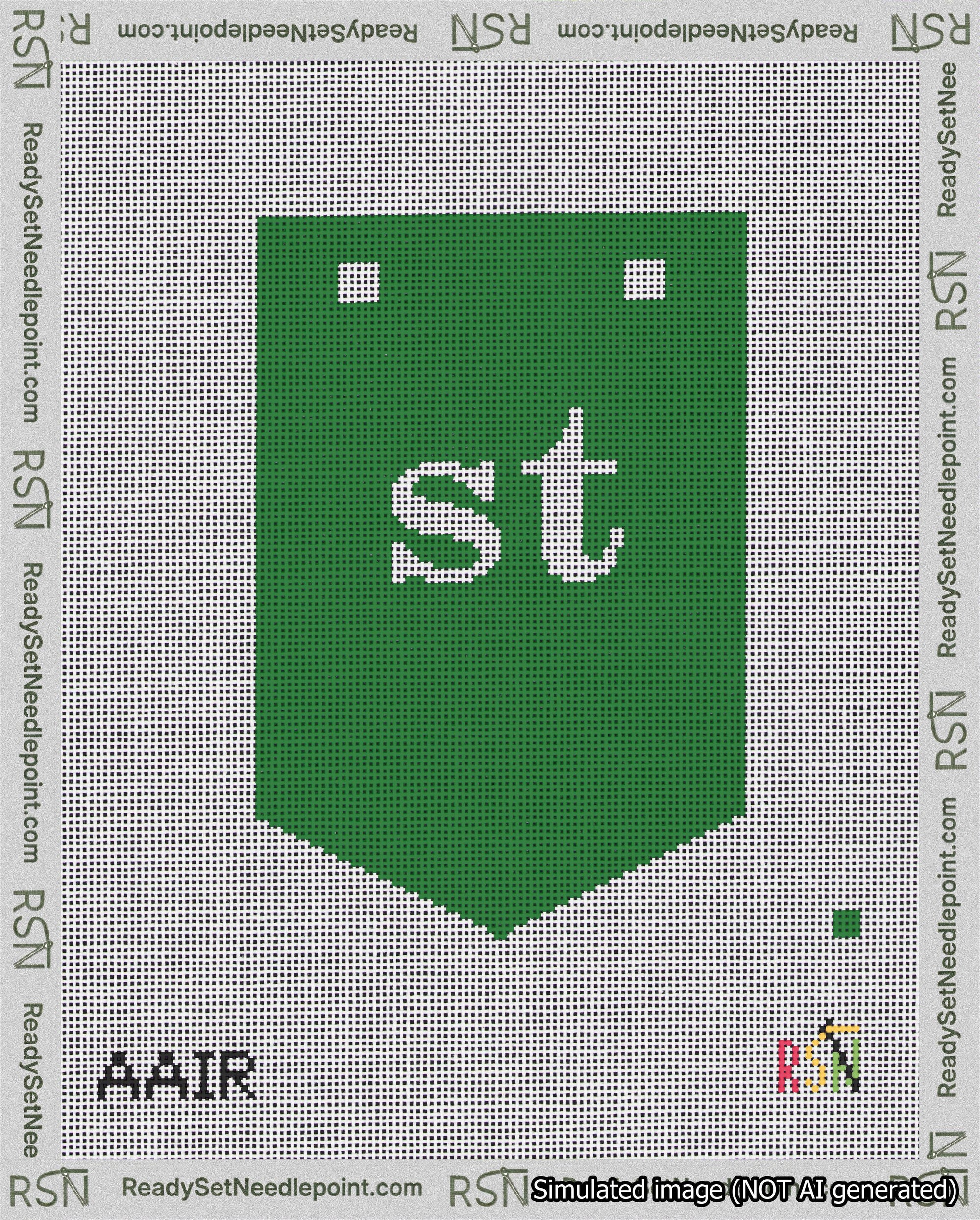 A taped needlepoint canvas with the design: Banner 18 mesh count Pointed st White on Green.
