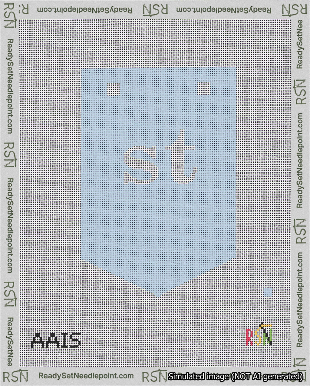 A taped needlepoint canvas with the design: Banner 18 mesh count Pointed st White on Light Blue.