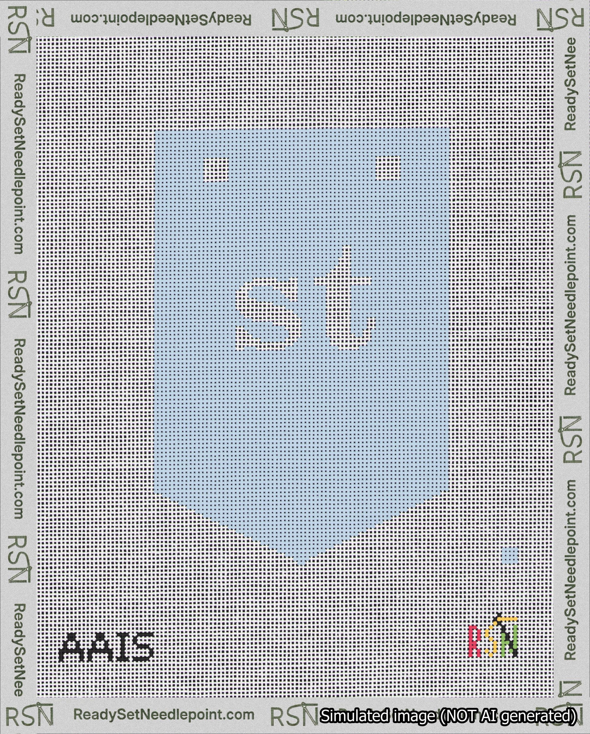 A taped needlepoint canvas with the design: Banner 18 mesh count Pointed st White on Light Blue.
