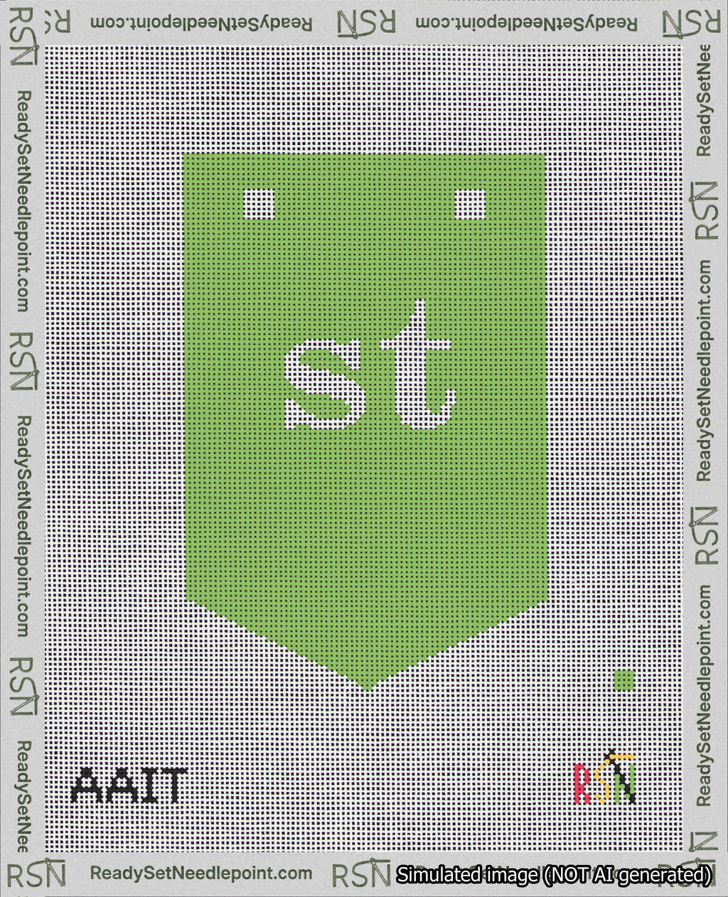 A taped needlepoint canvas with the design: Banner 18 mesh count Pointed st White on Light Green.