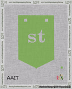 A taped needlepoint canvas with the design: Banner 18 mesh count Pointed st White on Light Green.