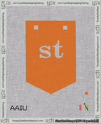 A taped needlepoint canvas with the design: Banner 18 mesh count Pointed st White on Orange.
