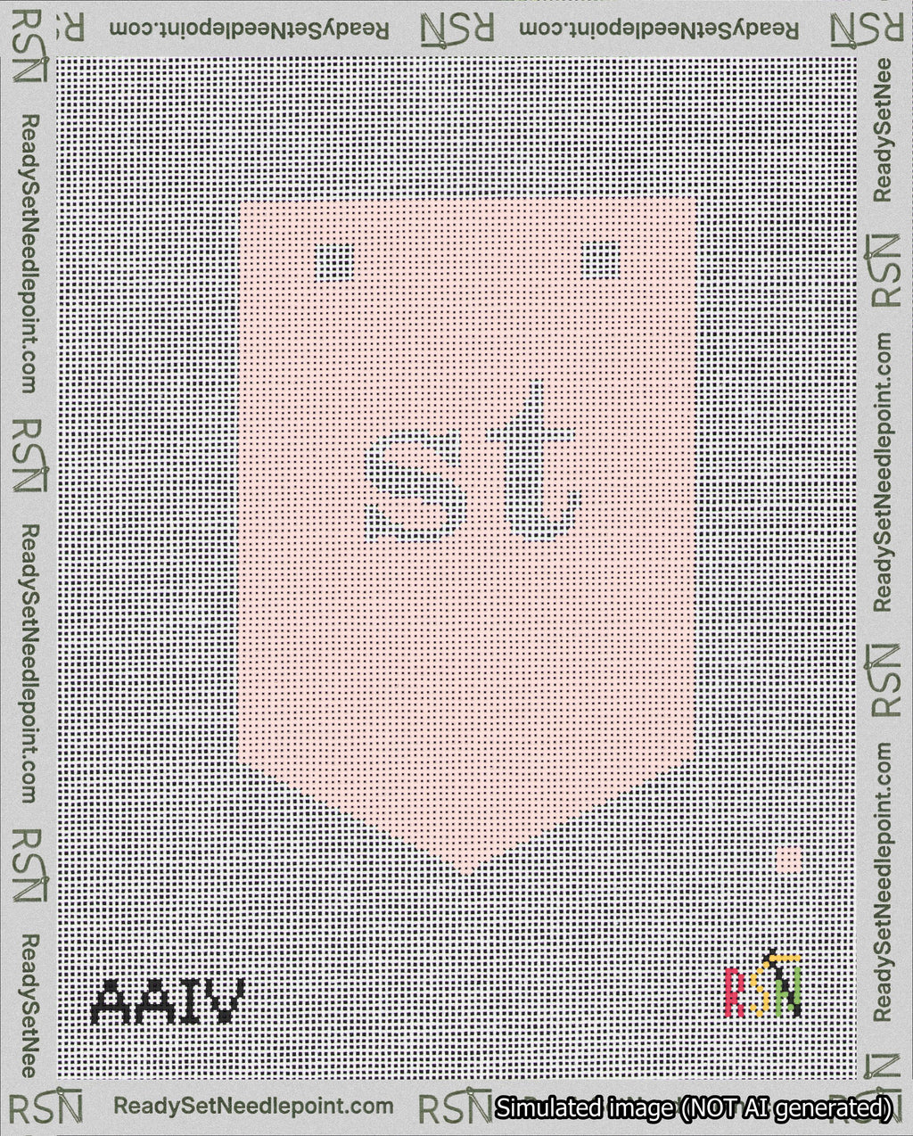 A taped needlepoint canvas with the design: Banner 18 mesh count Pointed st White on Pink.