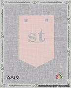 A taped needlepoint canvas with the design: Banner 18 mesh count Pointed st White on Pink.