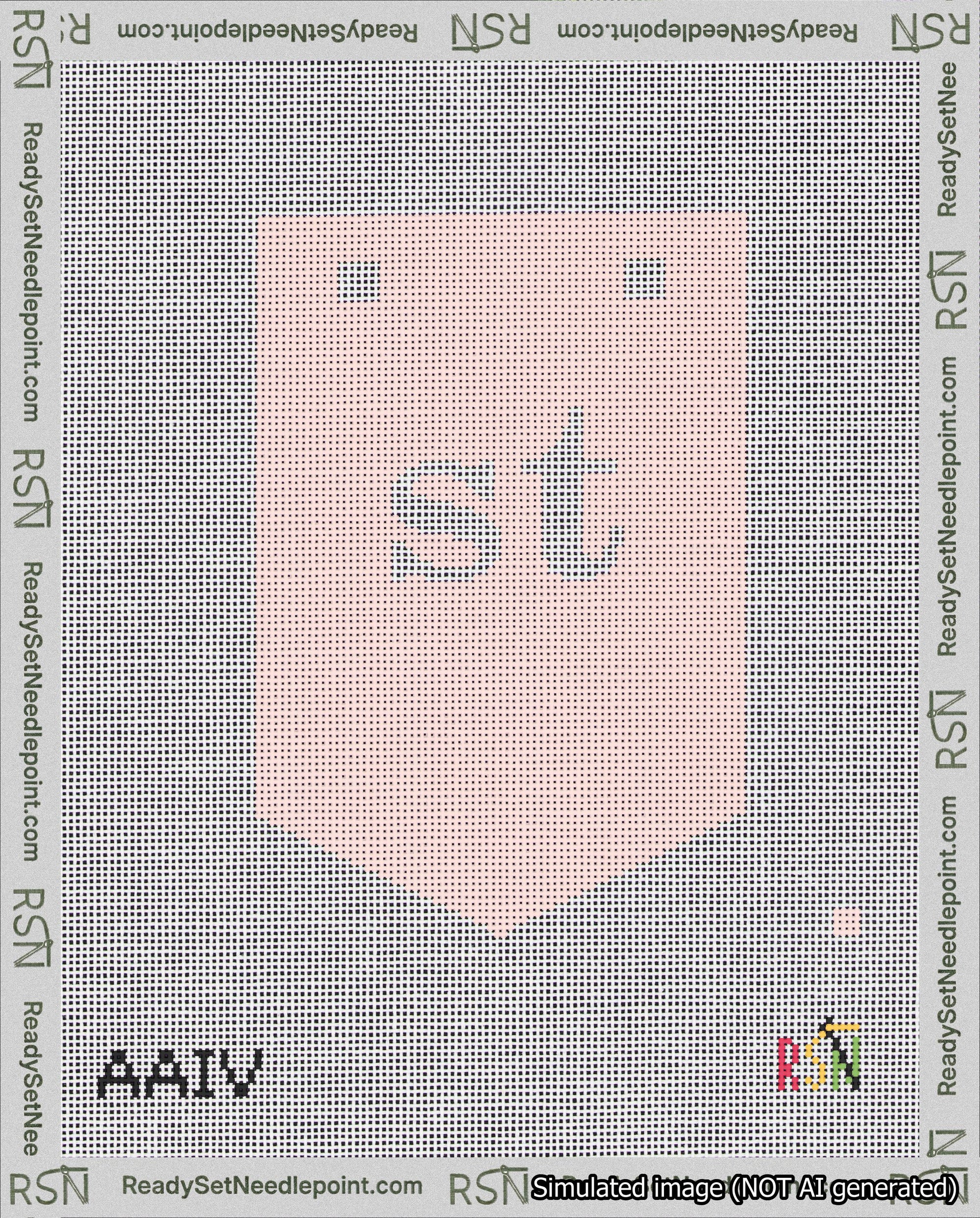 A taped needlepoint canvas with the design: Banner 18 mesh count Pointed st White on Pink.