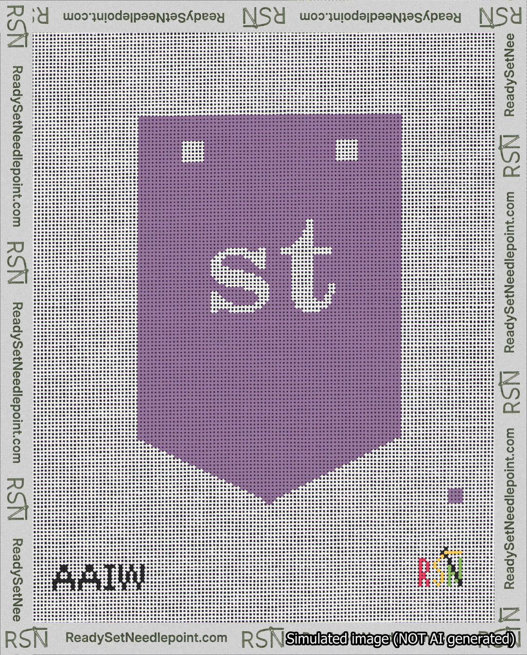 A taped needlepoint canvas with the design: Banner 18 mesh count Pointed st White on Purple.