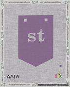 A taped needlepoint canvas with the design: Banner 18 mesh count Pointed st White on Purple.