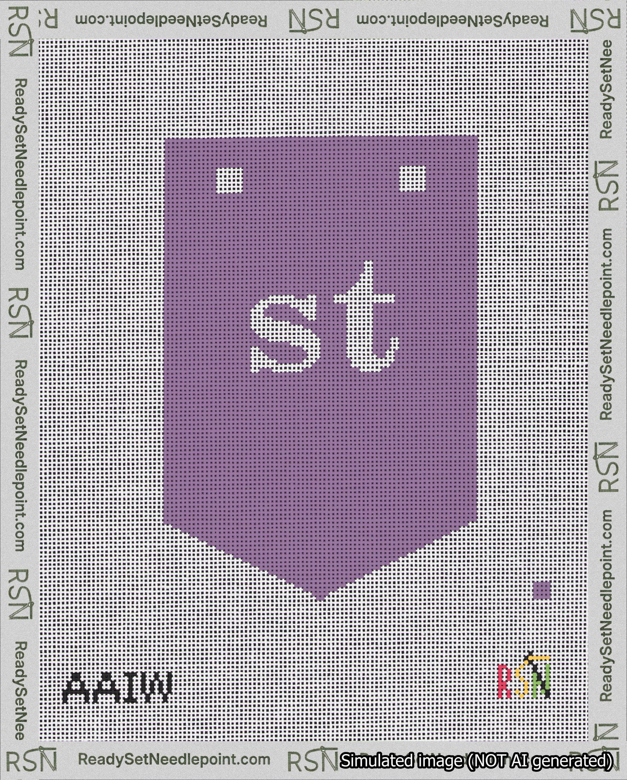 A taped needlepoint canvas with the design: Banner 18 mesh count Pointed st White on Purple.