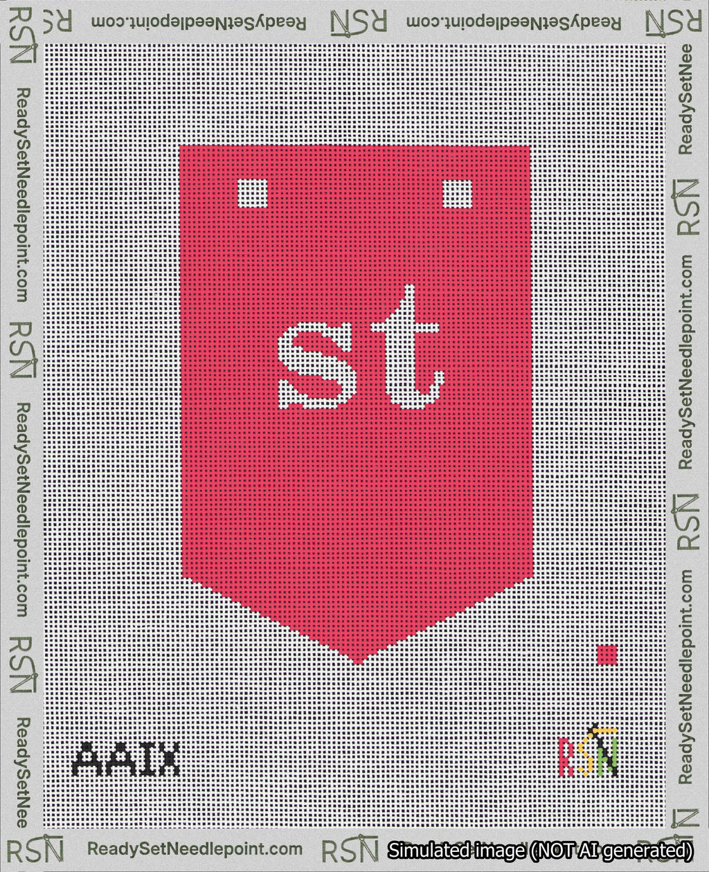 A taped needlepoint canvas with the design: Banner 18 mesh count Pointed st White on Red.