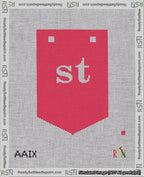 A taped needlepoint canvas with the design: Banner 18 mesh count Pointed st White on Red.